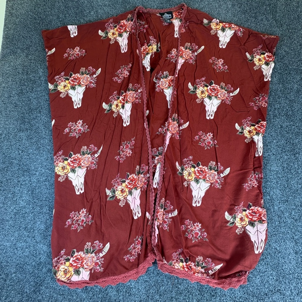 Angie Kimono Cardigan Top Womens Small Rust Red Bull Skull Floral Crochet Trim